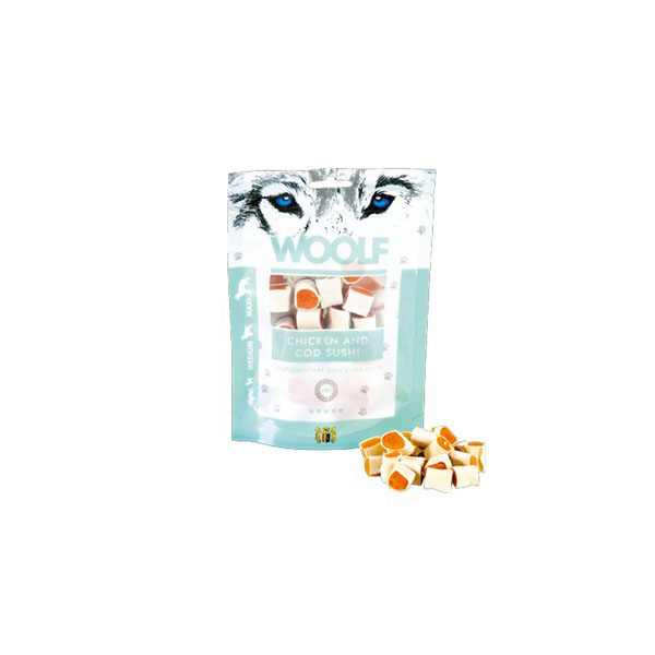 Foto principale Snack per Cani Woolf Gusto Sushi di Pollo e Merluzzo 100gr