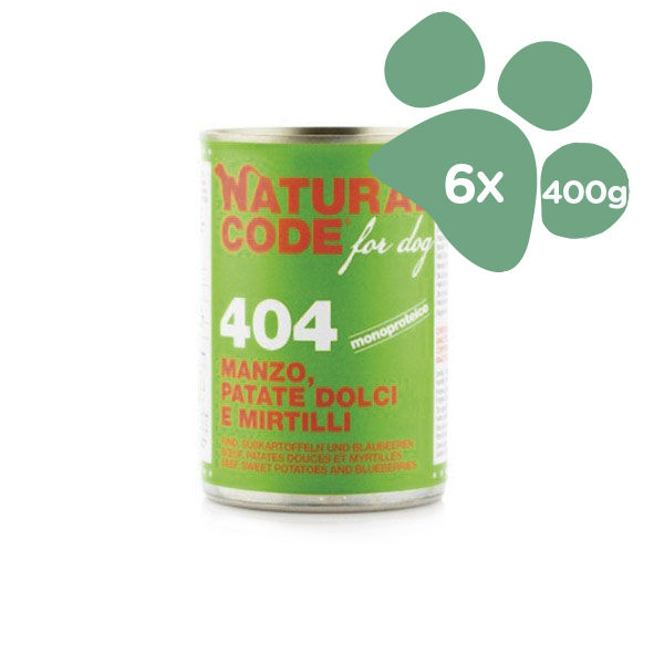 Foto principale Cibo Umido per Cani Natural Code For Dog 404 Gusto Manzo, Patate Dolci e Mirtillo 6x400gr