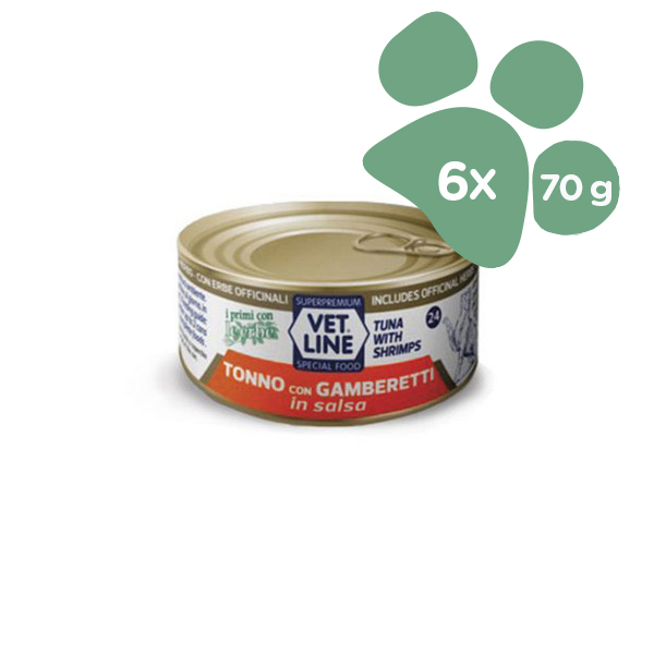 Foto principale Cibo Umido per Gatti Vet Line Gusto Tonno e Gamberetti in Salsa 6x70gr
