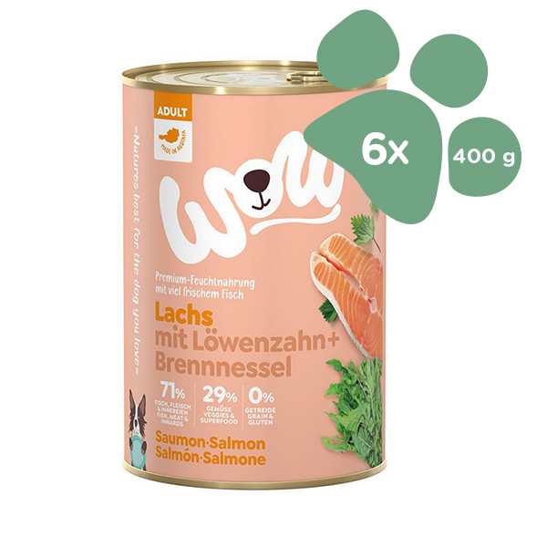 Foto principale Cibo Umido per Cani Adulti WOW Gusto Salmone e Dente di Leone 6x400gr