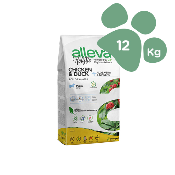 Foto principale Crocchette per Cani Cuccioli Alleva Holistic Chicken & Duck Taglia Grande Gusto Pollo, Anatra, Aloe Vera e Ginseng 12kg