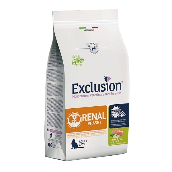 Foto principale Cibo per Gatti Adulti con Patologie Renali Exclusion Diet Cat Renal Phase I Gusto Maiale, Piselli e Riso 1,5kg