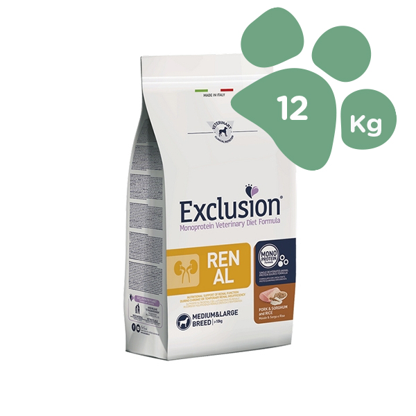 Foto principale Crocchette per Cani Adulti con Insufficienza Renale Exclusion Diet Renal Taglia Media/Grande Gusto Maiale, Sorgo e Riso 12kg