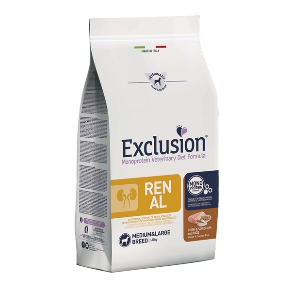 Foto principale Crocchette per Cani Adulti con Insufficienza Renale Exclusion Diet Renal Taglia Media/Grande Gusto Maiale, Sorgo e Riso 2kg