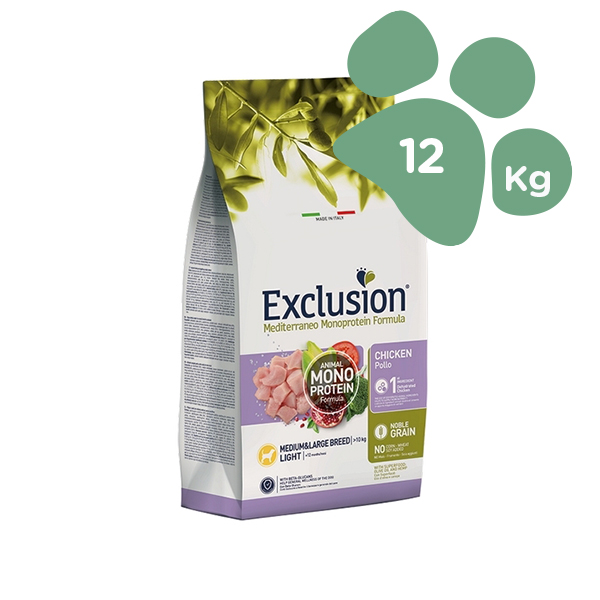 Foto principale Crocchette per Cani Adulti in Sovrappeso, Anziani o Sterilizzati Monoproteiche Exclusion Mediteraneo Light Taglia Media/Grande Gusto Pollo 12kg