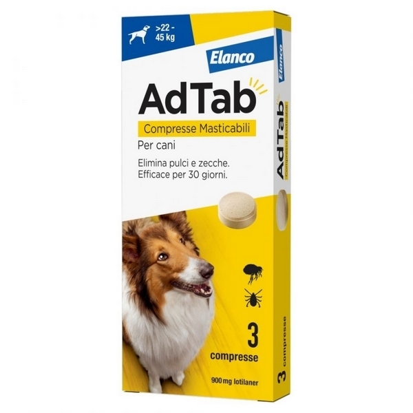 Foto principale Antiparassitario Compresse Masticabili per Cani Elanco AdTab da 22 a 45kg 900mg 3pz
